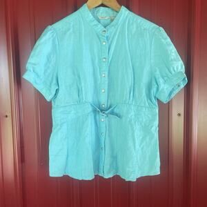 Edward Top 100% Linen Blue‎ Women’s Button Up Short Sleeve Shirt Sz XL Y2K